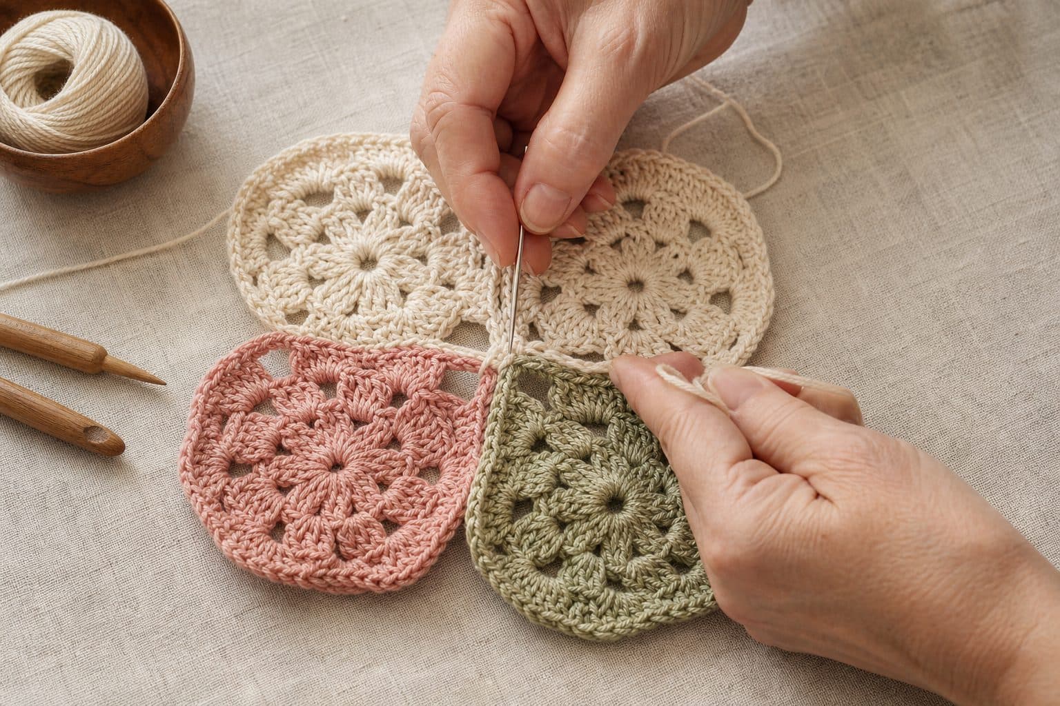 Crochet blanket of cream, rose and sage flower motifs being joined