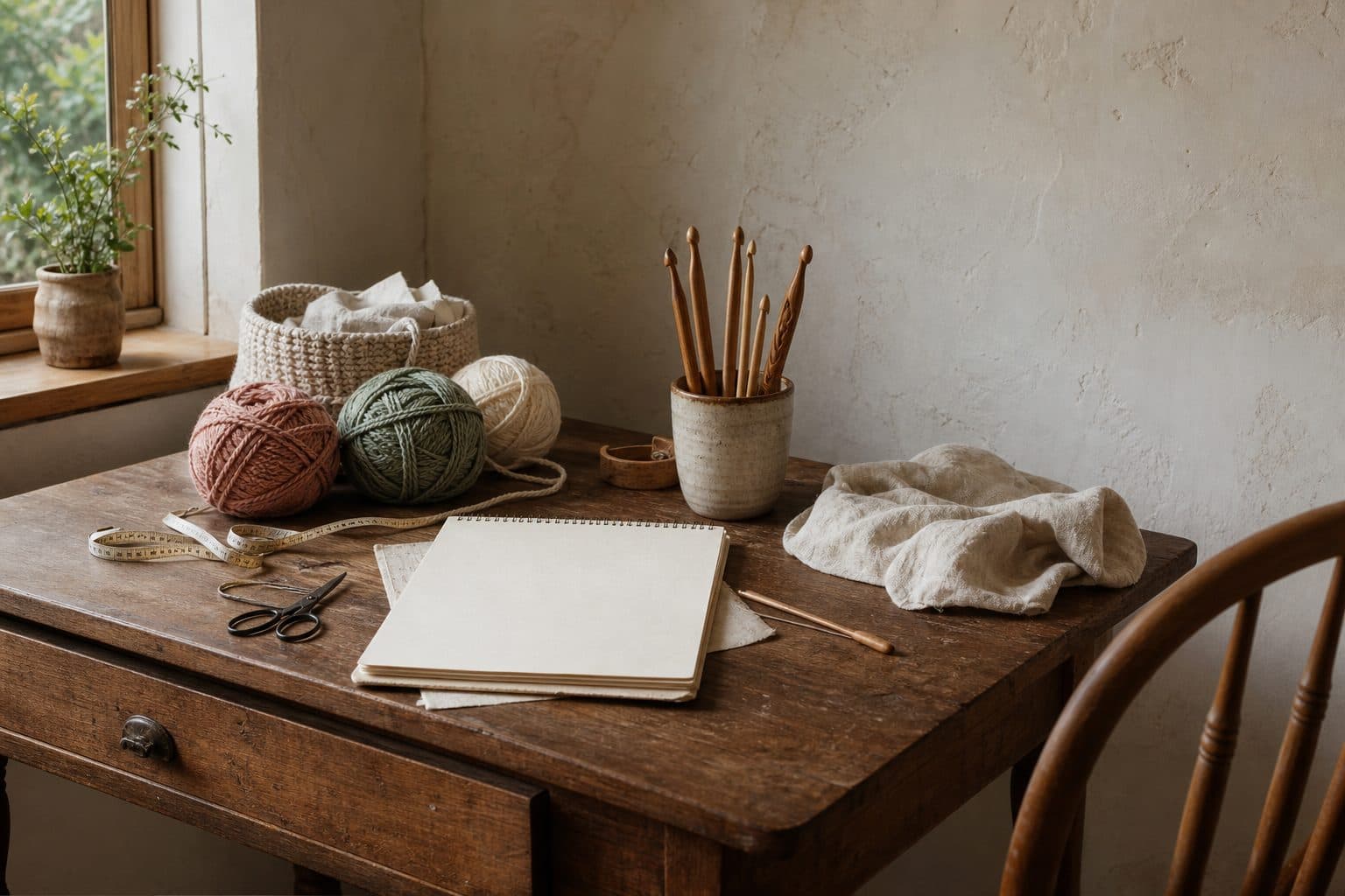 Studio table with crochet basket, wooden hooks and pastel yarn