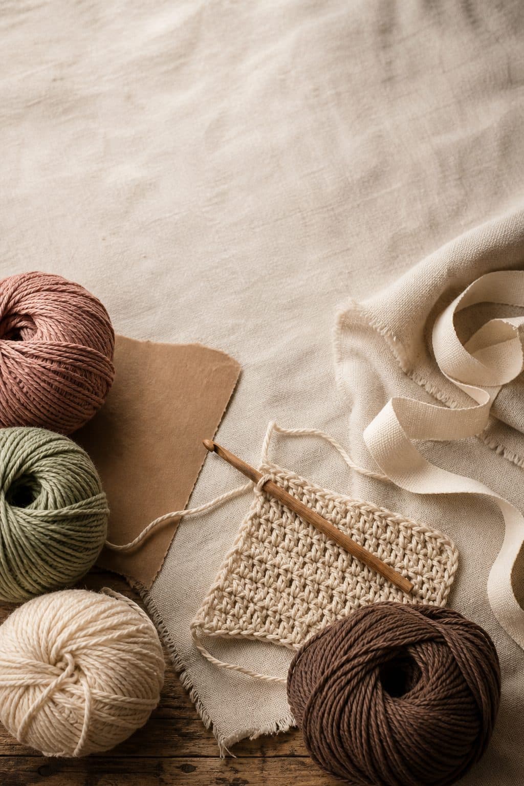 Soft crochet swatch and pastel yarn on linen