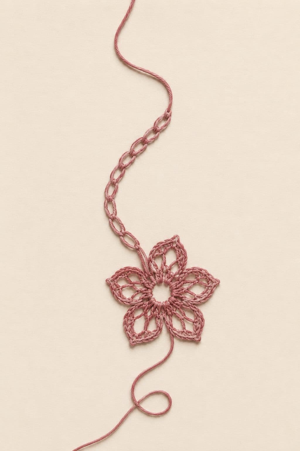 Artful composition of dusty rose thread blooming into a flower