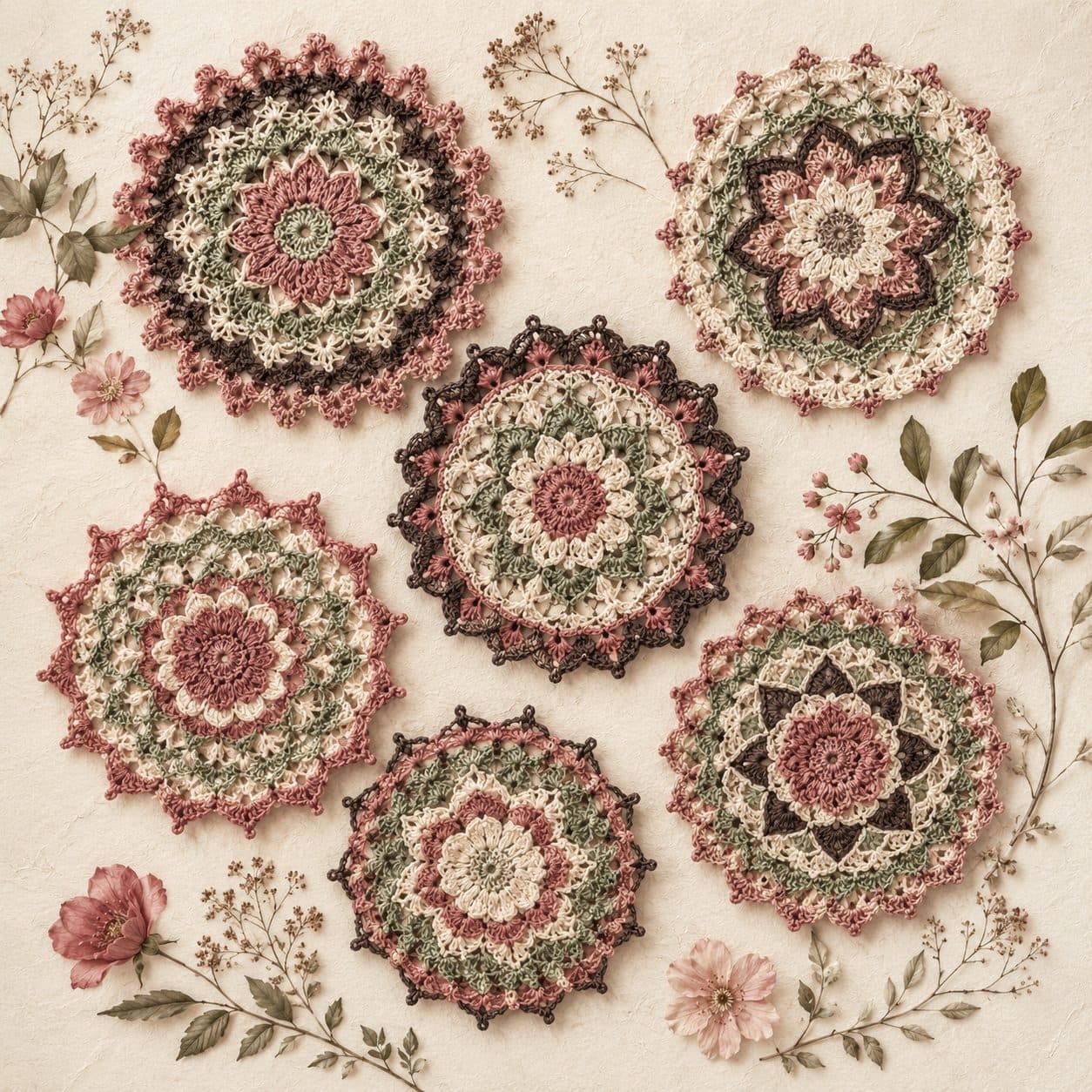 Handmade Persian Tiles motif blanket in dusty rose, sage and cream