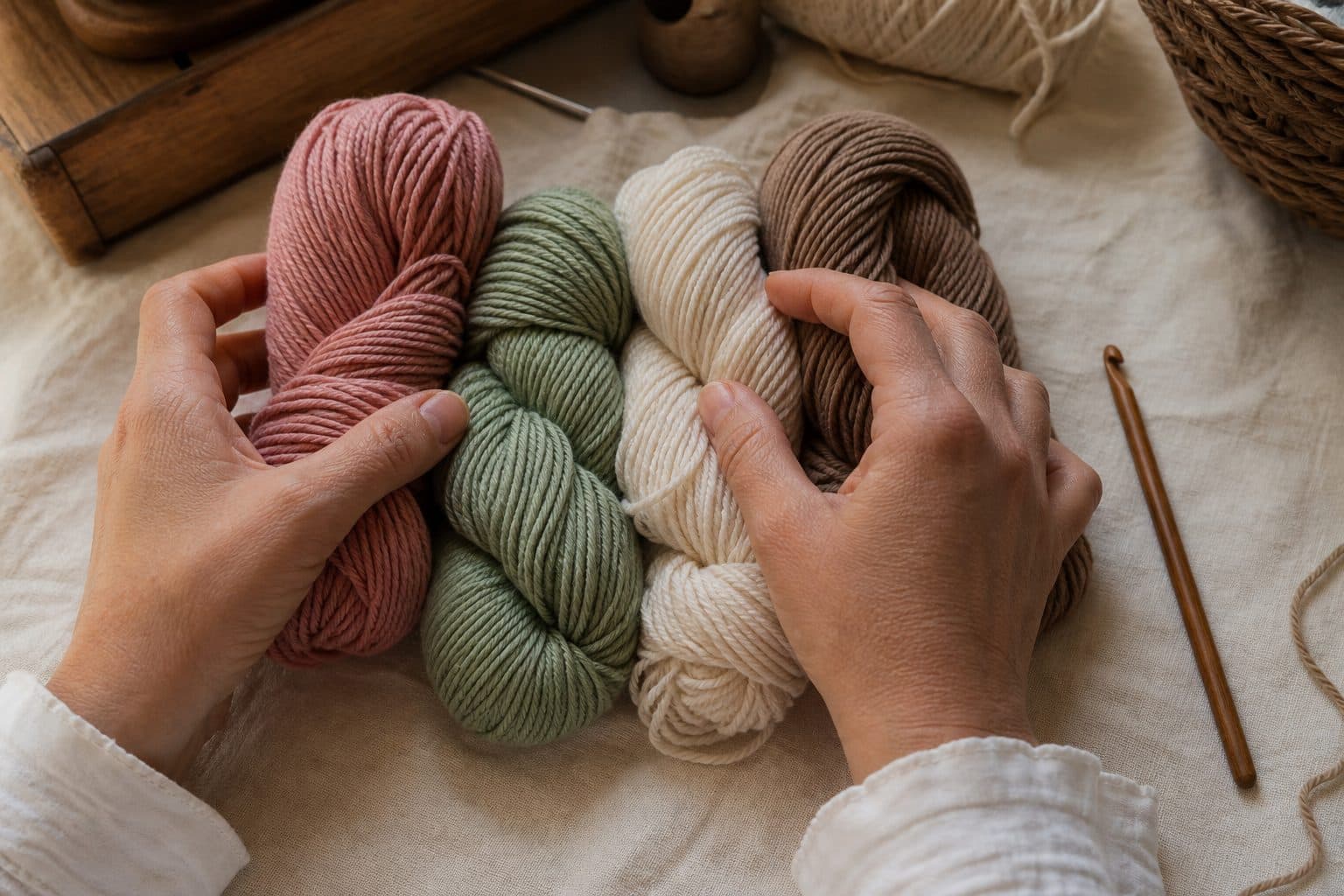Choosing sage, rose and cream baby yarns