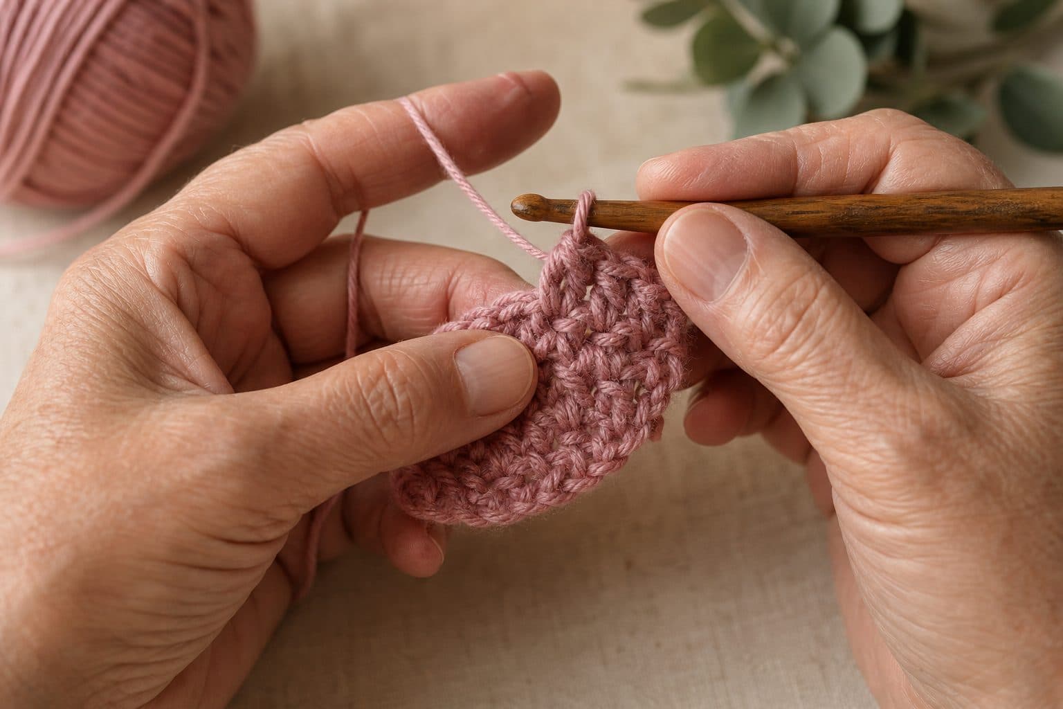 Dusty rose baby dress motif being crocheted
