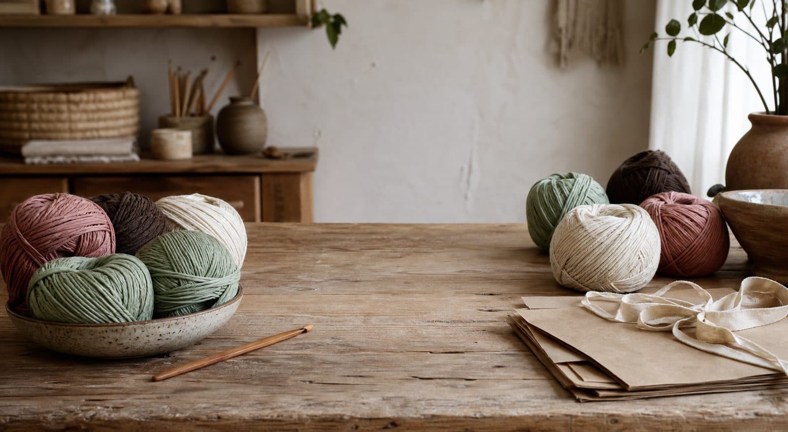 Wide wooden worktable with pastel yarn in a ceramic bowl