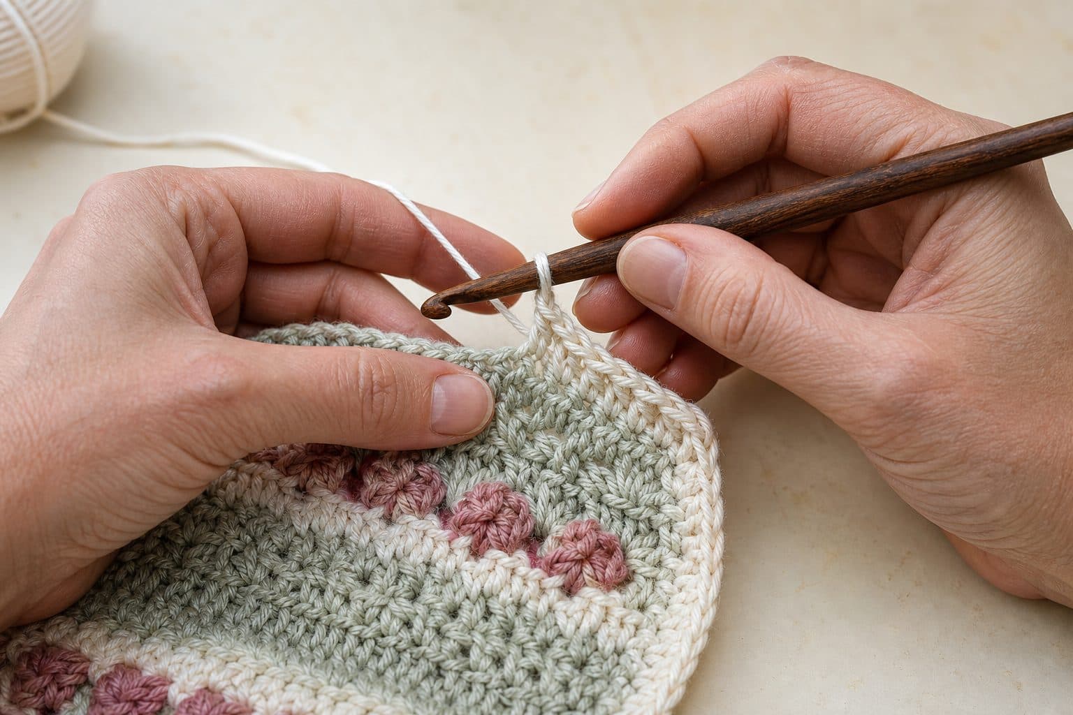 Edge finishing of a soft sage and rose baby crochet piece